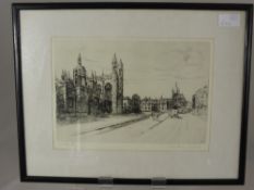 An Etching of Kings Parade, Cambridge, monogrammed A and R, signed Oliver Rae, framed and glazed,