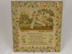 Two Silk Embroidered Samplers, the first depicting a family fishing scene above a verse signed