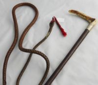 An Antique Horn Handled Hunting Whip, with plaited leather and scarlet tassel, approx 190 cms