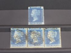 Four 2d Blue Perf: one Plate 14 deep blue with broken line in r/h corner and a strip of three each