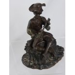 A Victorian cast iron 17th century style figure of a flute player sitting on a rock, est. 20 cms.