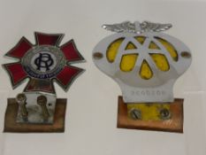 A Vintage " Order of the Road " enamel car badge together with a vintage AA badge and a Woodwards,