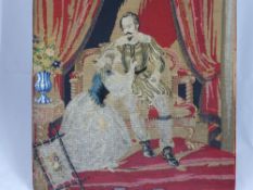 A 19th Century Wool and Beadwork Tapestry, approx 21 x 25", depicting a seated couple.