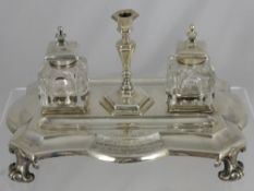 A Victorian Solid Silver Ink Well Stand, the stand having cut glass ink wells with a pagoda style