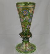An antique Bohemian / Austrian chalice style vase, the green glass vase having hand painted and