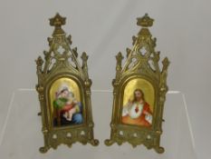 A Pair of 19th Century Gilt Brass Framed Icons, the brass easel frames of ecclesiastical