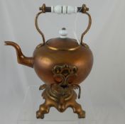 A Large Copper Spirit Kettle and Stand, with porcelain handle and finial.