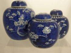 Two Chinese Blue and White Ginger Jars, depicting cherry blossoms, double rings to base, approx 15