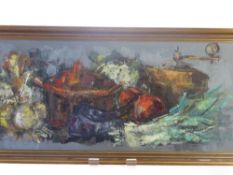 An Acrylic on Canvas, depicting a Still Life of Vegetables, approx 72 x 29 cms, framed and glazed.