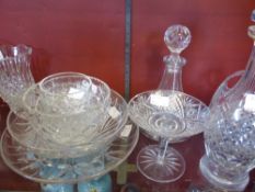 A Collection of Cut Glass including a Stuart vase, bon bon dish, bowl, decanter, posy basket, two