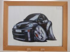 A Framed Print of a Lotus Europa together with three framed Cool Art prints depicting VW Beetles and