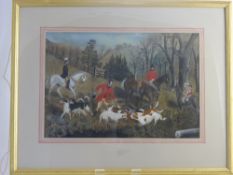 19th Century English School Watercolour, a naive work depicting fox hunting, presented in a gilt