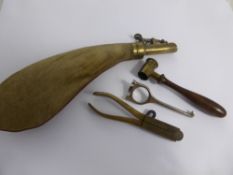 A Suede Shot Pouch, unmarked with brass screw top together with accessories relating to vintage