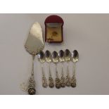 A Set of Six 800 Stamp Silver Coffee Spoons, together with cake slice, 9 ct Xerox Tie Pin.