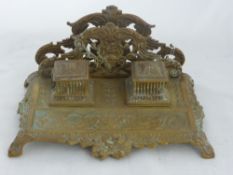 French Ornate Brass Inkstand & Letter Rack, with porcelain inkwells, circa 1910