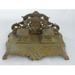 French Ornate Brass Inkstand & Letter Rack, with porcelain inkwells, circa 1910