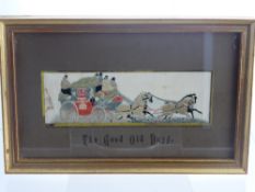 A Stevengraph entitled, 'The Good Ole Days', depicting a coach and horses, framed and glazed, approx