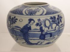 An Antique Chinese Blue and White Vase. The vase of circular form depicts children at play with