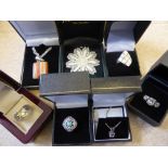 A Collection of Miscellaneous 925 Silver Rings and Necklaces, including striped lozenge stone,