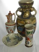 Three Oriental Porcelain Vessels, including a coffee pot depicting courtiers, a crackle glaze pillar