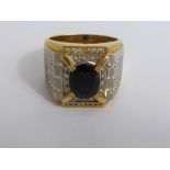 A Gentleman's 18 ct White and Yellow Gold Pave Set Diamond and Sapphire Ring, the ring having a matt