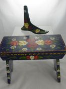 A Miniature Barge Painted Footstool together with hand painted doorstop.