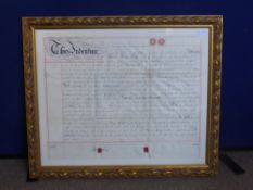 Two 19th Century Indentures, approx 69 x 55 cms, both framed and glazed.