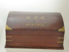 A Mahogany Jewellery Box with secret latch, inlaid with brass and initials G.D.R., approx 23 x 15.