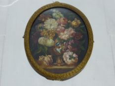 Oval Miniature Still Life, depicting a vase of flowers, painted on copper and presented in a brass