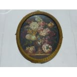 Oval Miniature Still Life, depicting a vase of flowers, painted on copper and presented in a brass