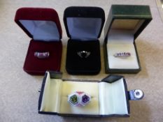 A Collection of 925 Silver Rings, including amethyst, garnet, ruby and amethyst and peridot. (4).