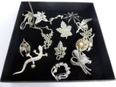A Collection of Silver and Silver Metal Marquisite Vintage and Contemporary Marquisite brooches