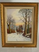 Vincent Selby, an original oil on board depicting a winter coaching scene 29 x 40 cms.