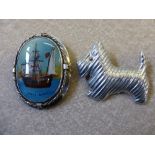 A Large Silver Hand Painted Brooch (Santa Maria) together with a 925 silver Highland Terrier