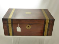 A Mahogany Writing Box, with brass banded inlay, unmarked plaque and brass key plate, fitted