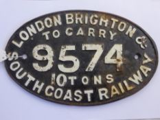 A Vintage Cast Iron Steam Engine Oval Plaque. London, Brighton and South Coast Railway, No. 9574