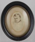 A Fine 19th Century Sepia Miniature Portrait Study of Napoleon. The portrait in an ebonized oval and