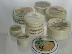 Six Porcelain Gentlemen's Relish Jars, hand painted with various scenes.