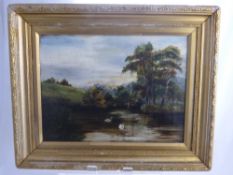 Artist Unknown, 20th Century Oil on Canvas, depicting a tranquil lake scene, presented in a gilt