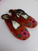 Three Pairs of Chinese Style Silk and Cotton Babies Shoes with decorative floral embroidery, two