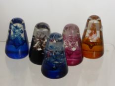 Five Caithness Glass Paperweights, including 'Nova' Blue, Red, Amber, Charcoal.