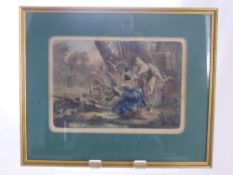 Four Antique Framed and Glazed Coloured Engravings depicting classical scenes including Lovers at