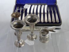 Miscellaneous Silver, including three bud vases, silver handled cake slice, butter knife and