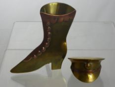 Two Brass Trench Art Items,  including a military cap worked in copper and brass inscribed with a