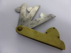 An Antique Brass Blood Letting Fleem with three stainless steel blades, Turn R & Co Suffolk Works.