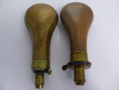 Two Antique Copper Shot Flasks, with common and patent tops, the first marked  Hawkesley and the