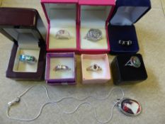 A Collection of Miscellaneous 925 Silver Rings and other items, including moss agate, garnets,