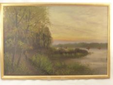 Original Oil on Canvas, entitled "Sundown on the Medway", signed I. Wiliamson approx 75 x 50 cms