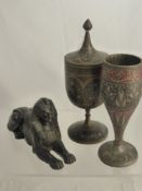 A Metal and Enamel Goblet together with a lidded pot and metal figure of a sphinx.