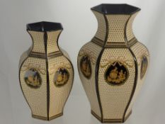 Two  Wedgwood Style Midnight Blue and Gold Segmented Vases, together with two lidded ginger jars,